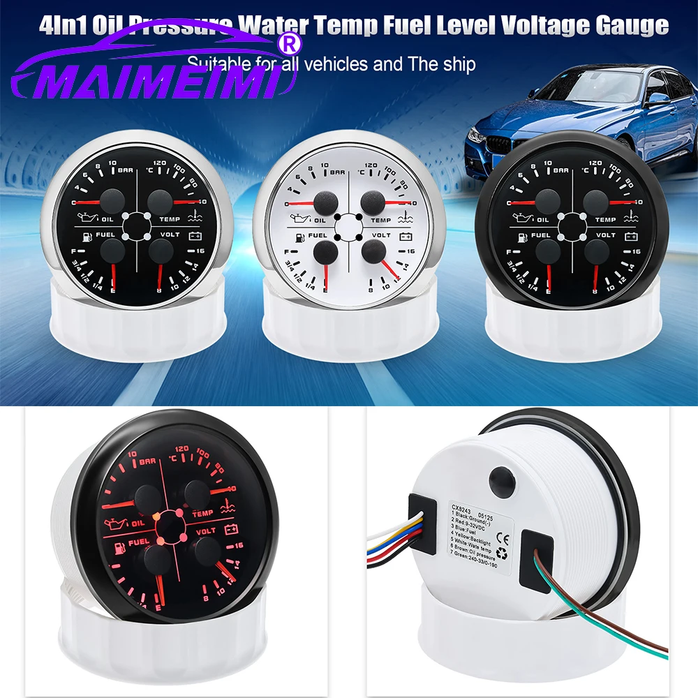 

7 colors 4 In1 Multifunctional Gauge 85mm Boat Speedometer oil pressure+Water Temp+Fuel gauge+voltage for Car Marine Boat 12V