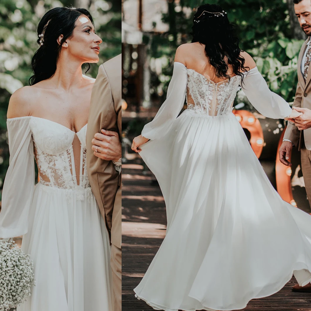 Long Puffy Sleeves Off Shoulder Boho Lace Bridal Gowns Customized Garden Lace Floor Length Illusion A Line Floral Wedding Dress