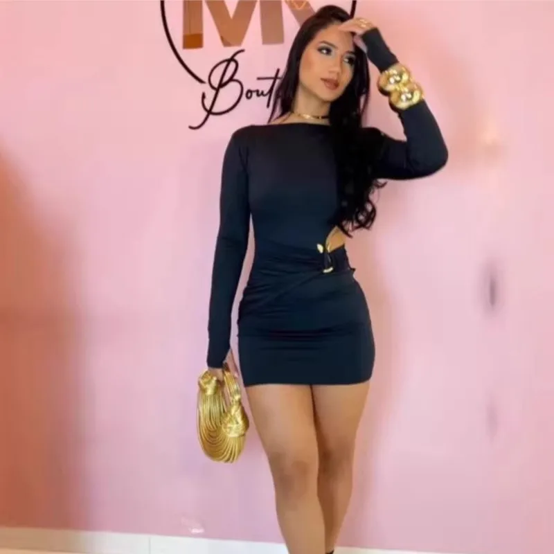 

Slim Bodycon Mini Dress for Women 2026 Hollow Out Metal Button Long Sleeves Short Dresses Evening Party Club Christmas Outfit