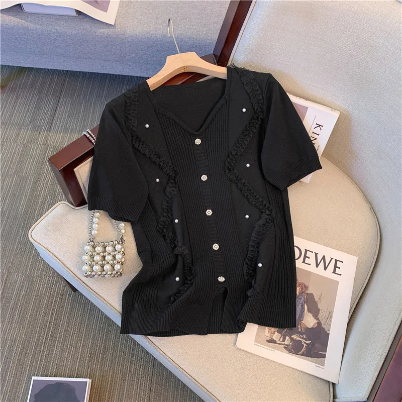 Button Beading Sweater Women Knit T-shirt Pullover Summer Short Sleeve V-neck Elegant Fashion Ladies Knitwear Jumpers Tops