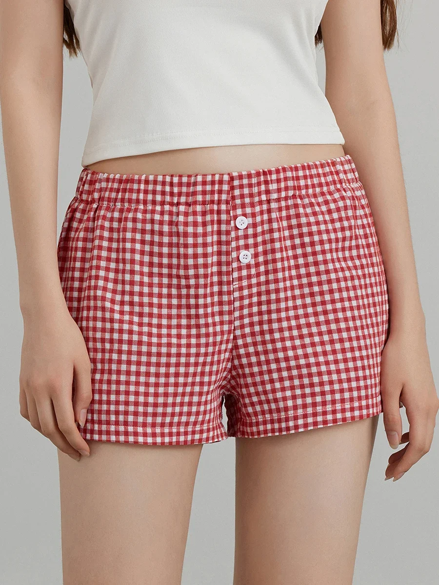 

Women's Summer Casual Leisure Shorts Red Plaid Elastic Waistband Buttons Lounge Bottoms for Streetwear Home Daily