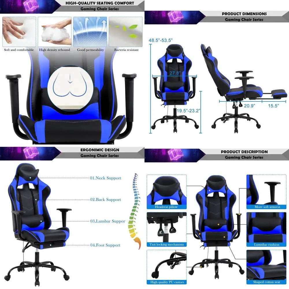 

Ergonomic High-Back Gaming Chair with PU Leather, Adjustable Reclining Office Chair for Adults, Comfortable Desk Chair Supportin