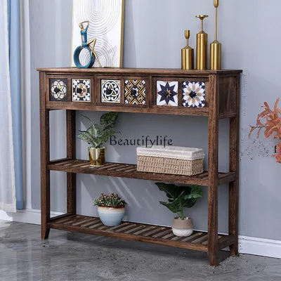 

Solid Wood American Retro Balcony Floor Storage Rack Aisle Door Hall Side Cabinet