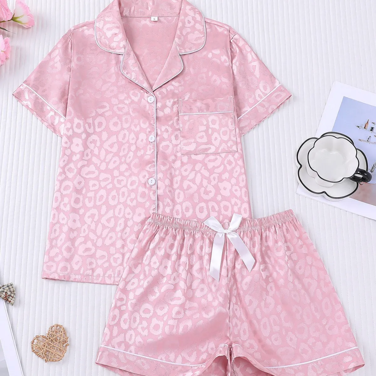

Leopard Print Summer Pajamas with Shorts Lapel Collar Tops Loungewear Sets Woman Nightwear New Ice Silk Short Sleeve Sleepwear