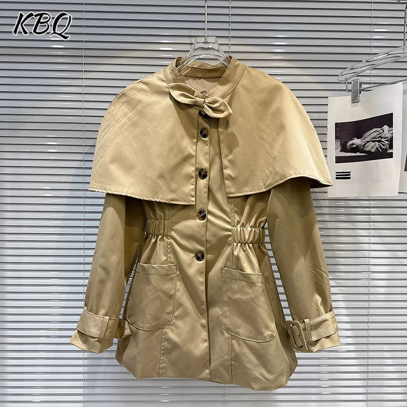 

KBQ Solid British Style Bow Shawl Cloak Chic Trench for Women Round Neck Long Sleeve Spliced Folds Tunic Coats Female Autumn New
