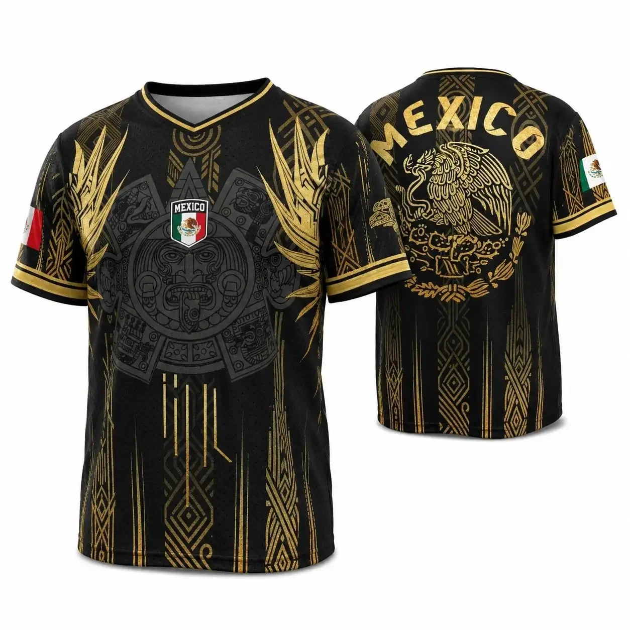 Mexican National Football Jersey Men's Aztec Pyramid Pattern V-neck Mesh Football Shirt Short Sleeved Sports T-shirt