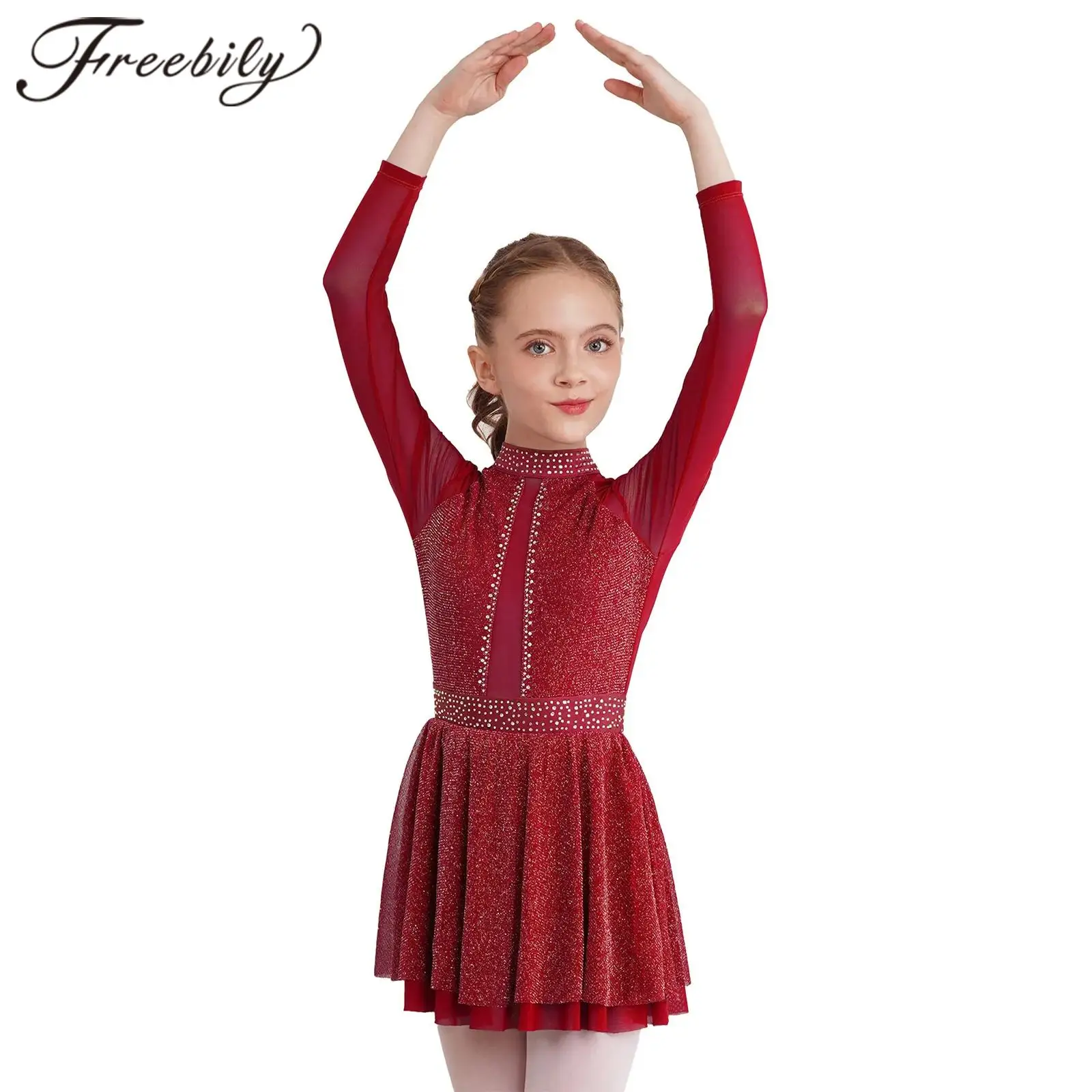 Figure Skating Dress for Girls Kids Ballet Gymnastics Leotard Performance Dress Children's Mesh Long Sleeve Lyrical Dancewear