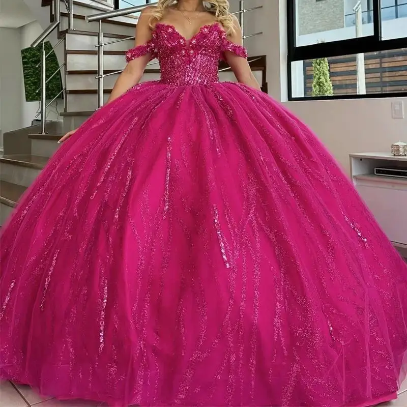 Sparkly Rose Red Princess Quinceanera Dresses Ball Gown Off Shoulder Corset Sequin Beads Vestido De 15 Anos quinceañera Sweet 16