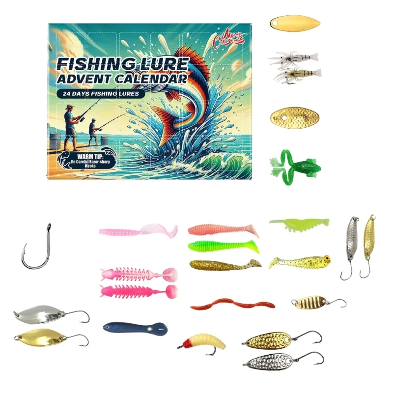 Unique Holiday Fishing Baits Advents Calendar with 24 Unique Lures for Fishermen