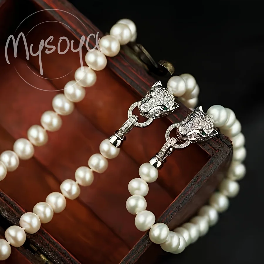 

MYSOYA Freshwater Pearl Necklace Bracelet with Green Eyes Leopard Head Link Buckle 8-9mm Real Pearl, Universal for Men and Women