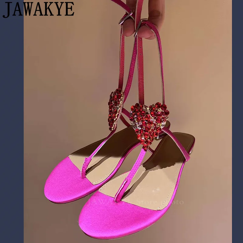 Round Toe T-strap Buckle Flip Flops Flat Sandals Women Famous Casual Beach Sandals Summer Sexy Lucury Crystal Party Shoes Woman