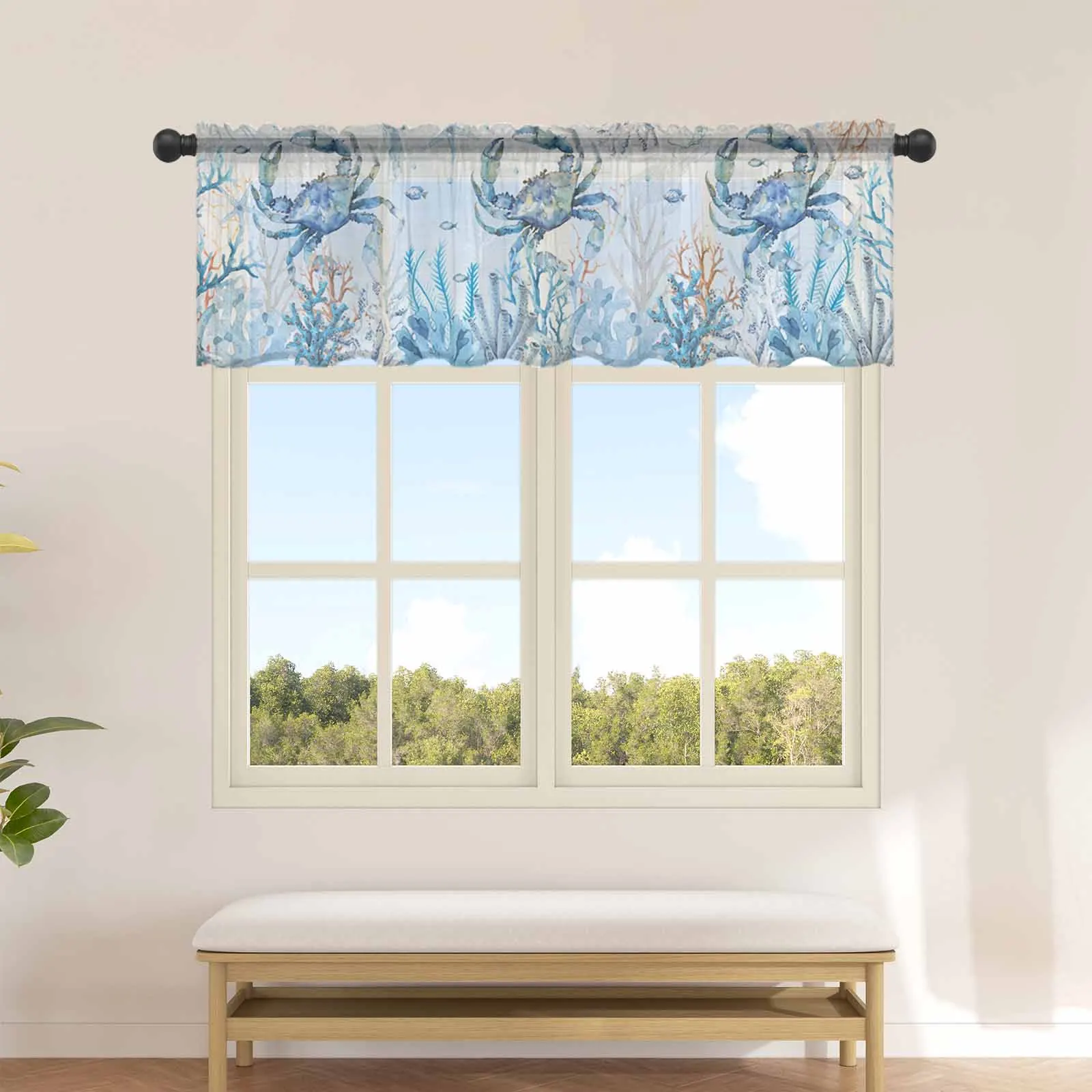 Marine Organisms Coral Blue Crabs Starfish Jellyfish Kitchen Small Window Curtain Sheer Short Curtain Living Room Voile Drapes