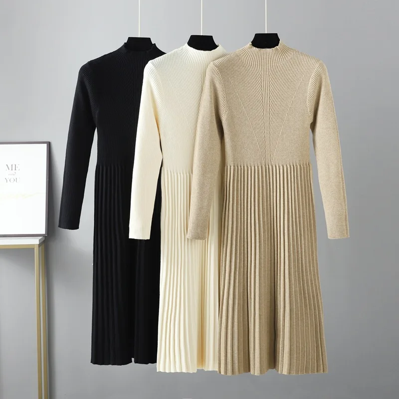 Winter Warm Soft Knit Sweater Dress Women New Autumn Dress Solid Mockneck Thickened Midi Long Waist Dress Vestidos Elegantes