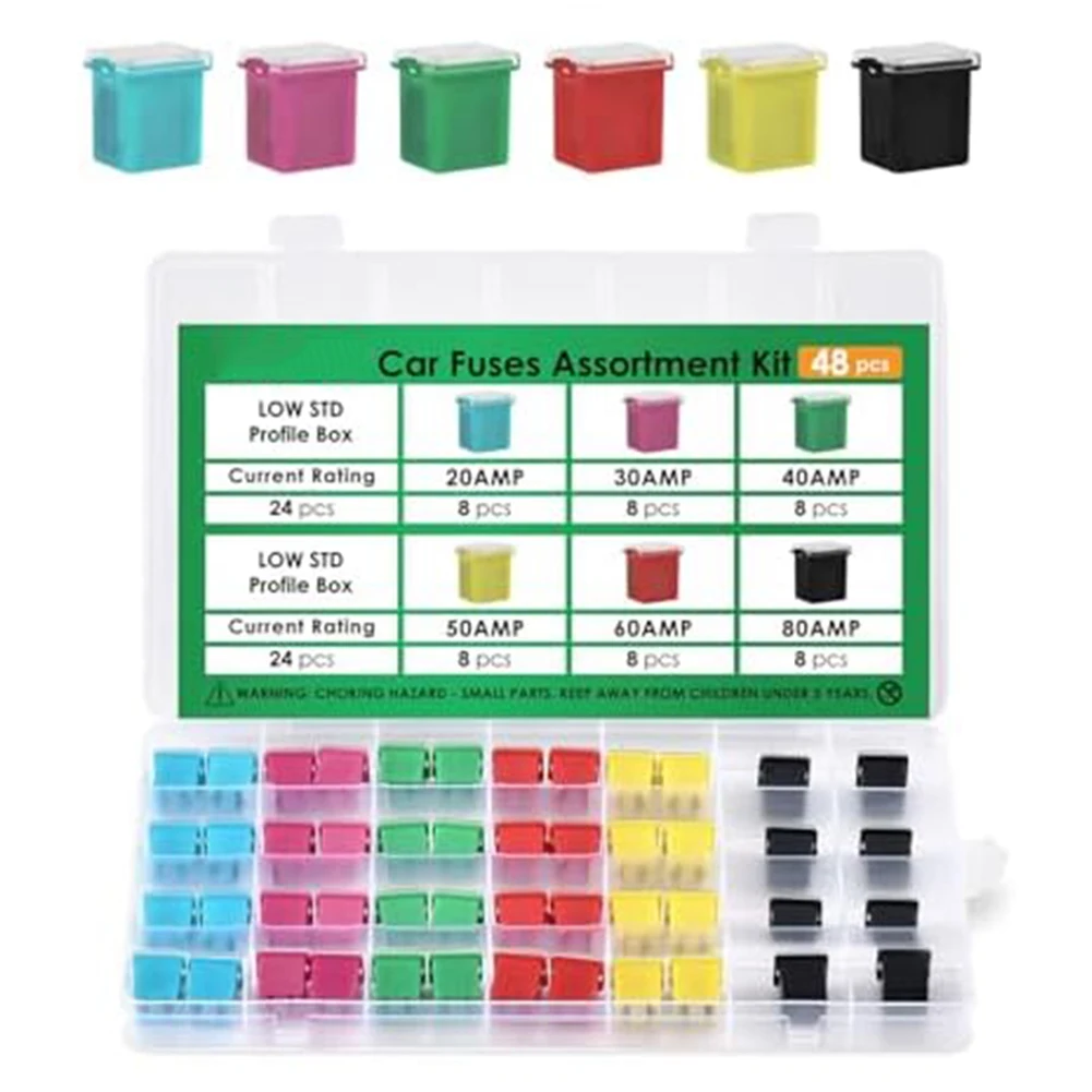 48 Piece Low Profile Box Fuse Assortment for Cars Trucks SUVs Motorcycles Boats 20A 30A 40A 50A 60A 80A Automotive Electrical
