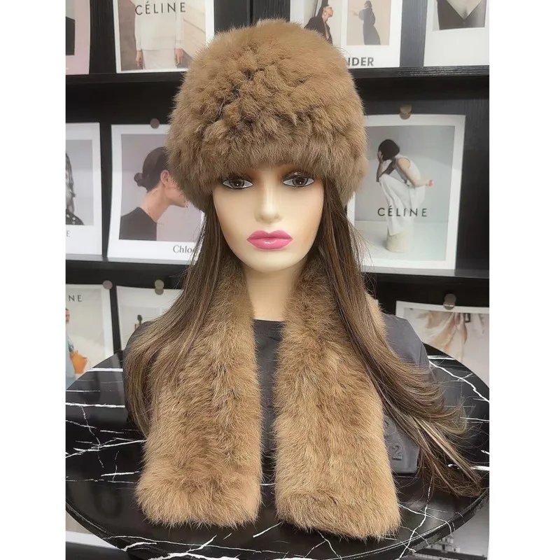 Real Rex Rabbit Fur Hat Scarf Set thickened Warm Fashionable Fur Hats For Women Winter Outdoor Fluffy Fur Caps Elastic Fur Hats