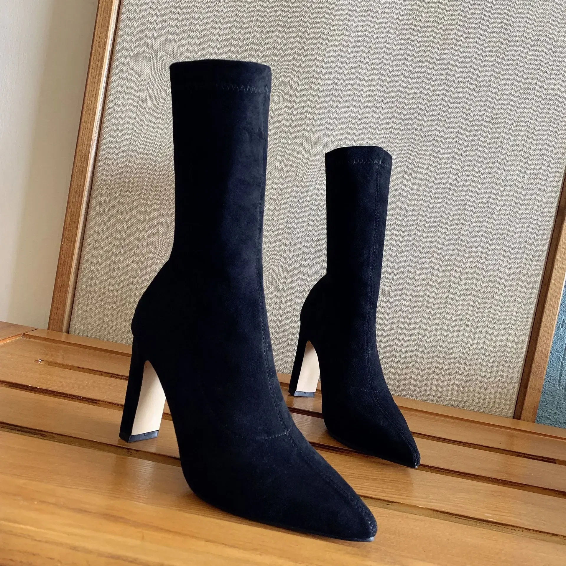 Plus Size 34-42 High Heel Boots Sock Flock Women Shoes Sexy Thick Heel Female Winter Pointed Toe Ankle Booties Shoes