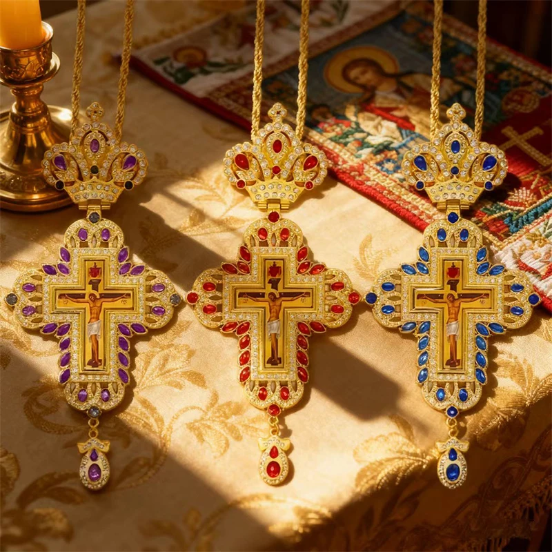 Luxuriöse Orthodoxe Brustkreuz-Halskette, Rote Kristallakzente mit Kruzifix-Ikone, Hochwertiger Liturgischer Schmuck für Kirchliche Sakramente – Detail 4