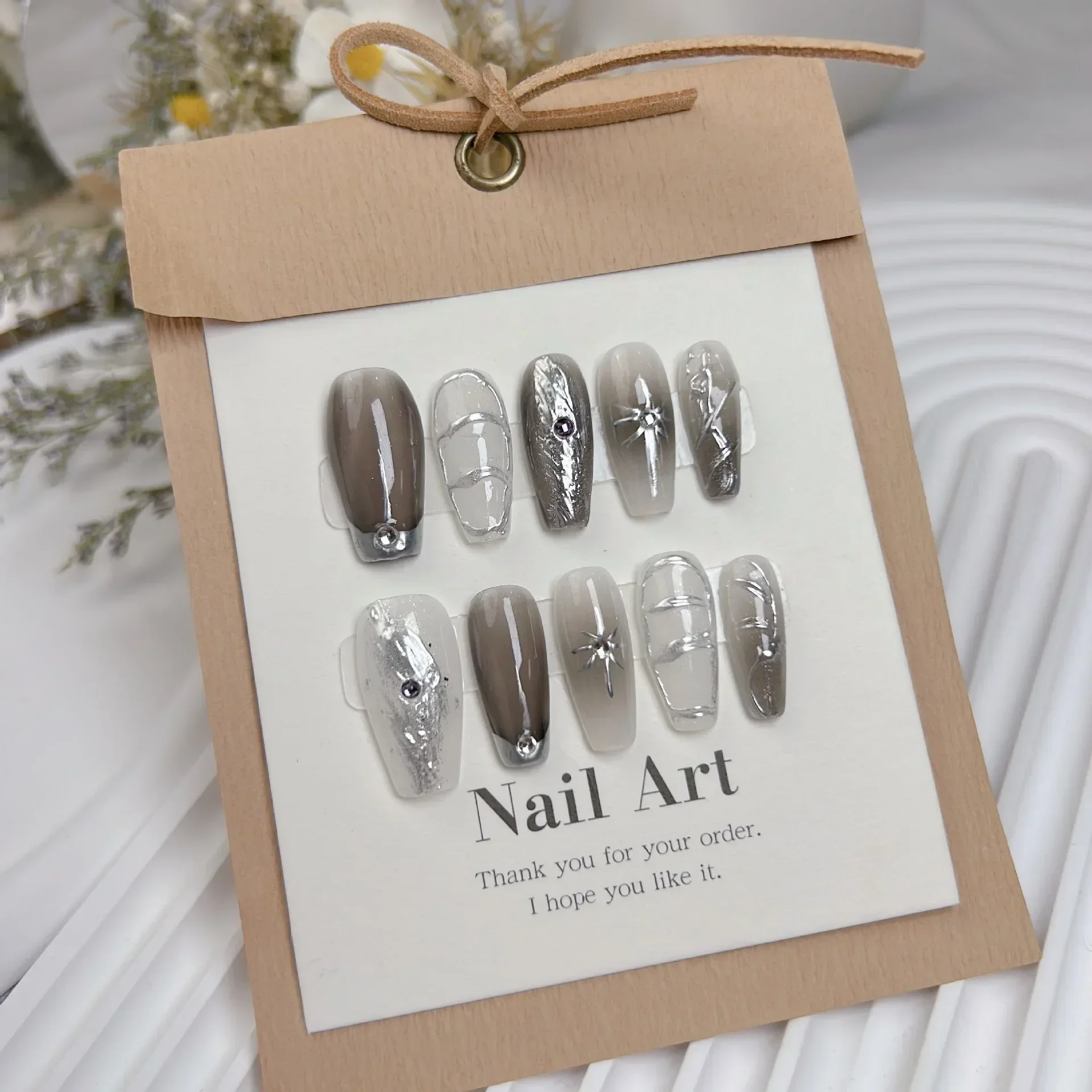 10Pcs Handmade Press On Nails Coffin False Nails Full Cover Gradient Metal Contrast  Artificial Manicure Wearable Nail Tips Art