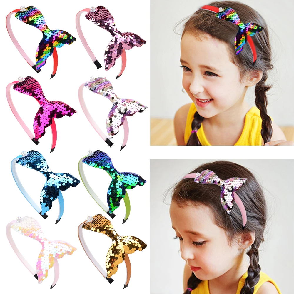 Multi-layer Sequins Mermaid Headbands for Girls Rainbow Pearls Hair Bands Handmade Headwear Baby Kids Accessories