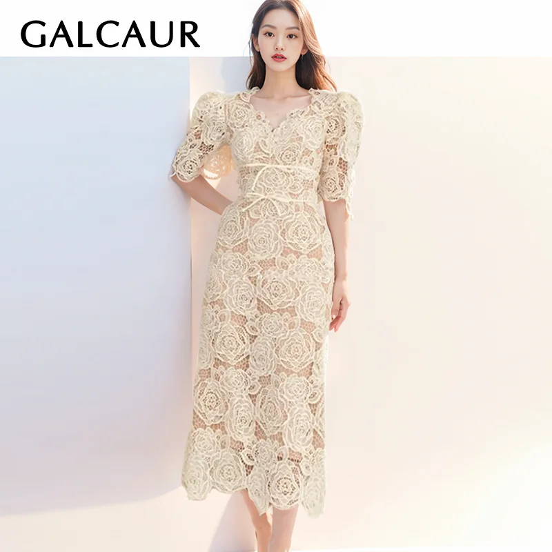 

GALCAUR Elegant Lace Dressses For Women V Neck Short Sleeve High Waist Patchwork Lace Up Hollow Out Embroidery Dress Female New