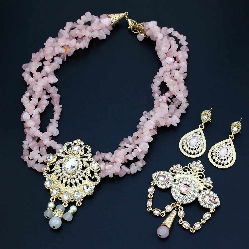 Sunspicems Pink Color Stone Choker Necklace Caftan Brooch Earring Morocco Bridal Wedding Jewelry Set Gold Plating Arab Bijoux