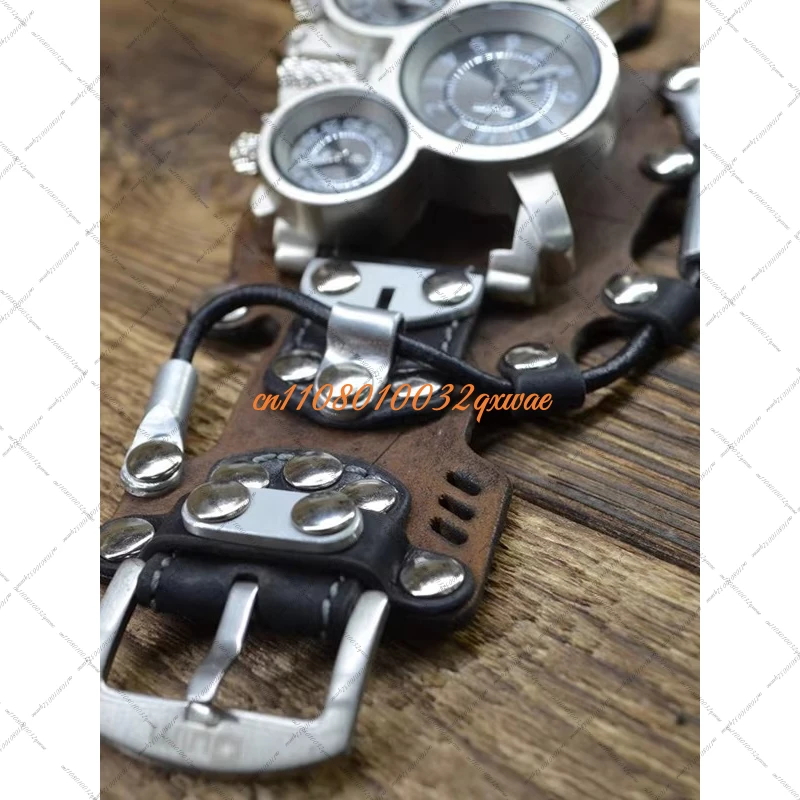 Handmade Steampunk Rivet Multi Dial Leather Cowhide Quartz Watch Watch