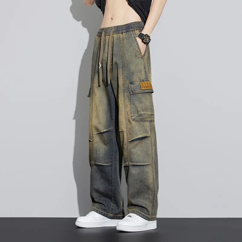 

Men's Jeans Man Pants Summer Thin Loose Fit Straight Wide Leg Baggy Cargo Work Trousers for Plus Size Casual Streetwear
