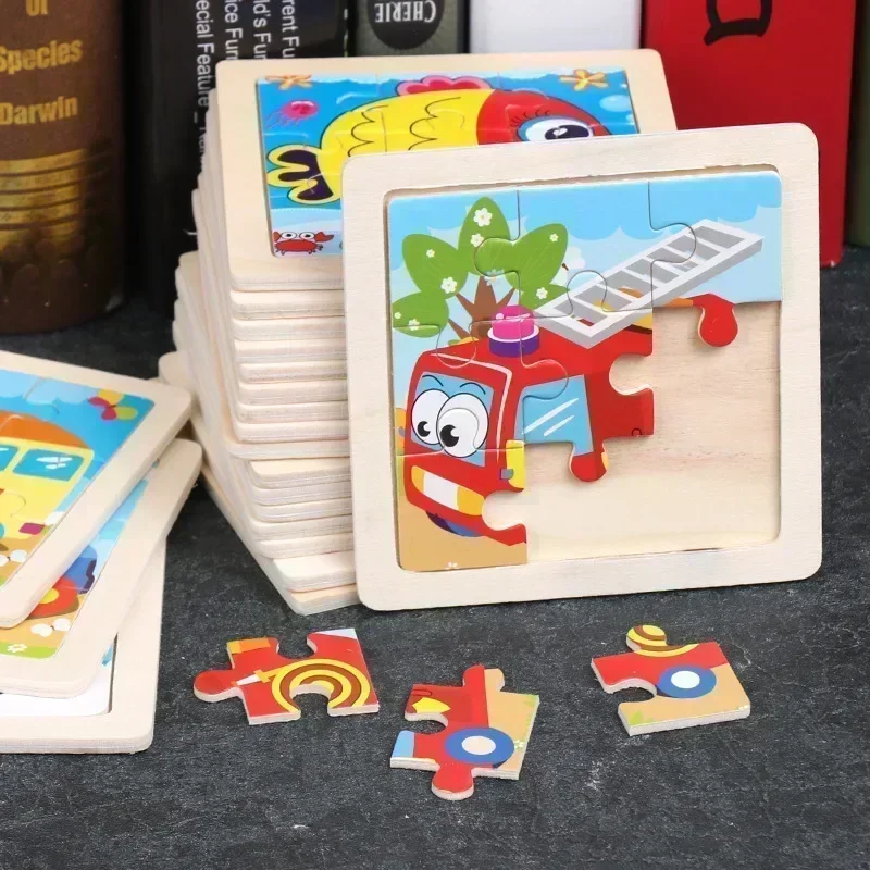 Holz Mini Puzzle Spielzeug 9-teilig Cartoon Tier Verkehrs Tangram Pädagogisches Lernen Jigsaw Montessori Spielzeug für Kinder Geschenke