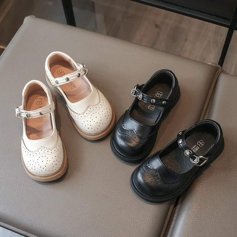 Jogerli Girls British Style Brock PU Leather Shoes Spring Autumn New Soft-soled Retro Mary Jane Children's Trend Loafer Shoes