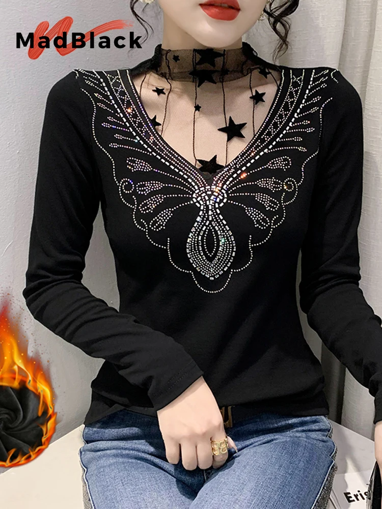 

MadBlack-женская флисовая футболка в европейском стиле, сексуальная водолазка с бриллиантами, уличная тонкая футболка с длинными рукавами M-3XL, осень 2021, T5O839CC