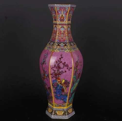 Chinese Colour Enamel Porcelain Qing Yongzheng Six Sides Flower Bird Design Vase