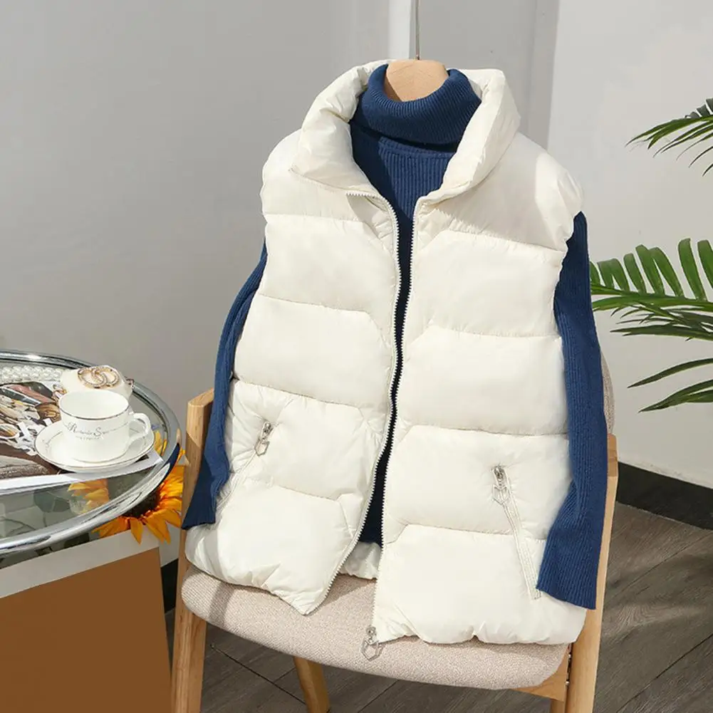 Loose Vest Winter Women's Zip-up Padded Vest With Stand Collar Zipper Pockets Outerwear For Warmth Style Women Short Vest