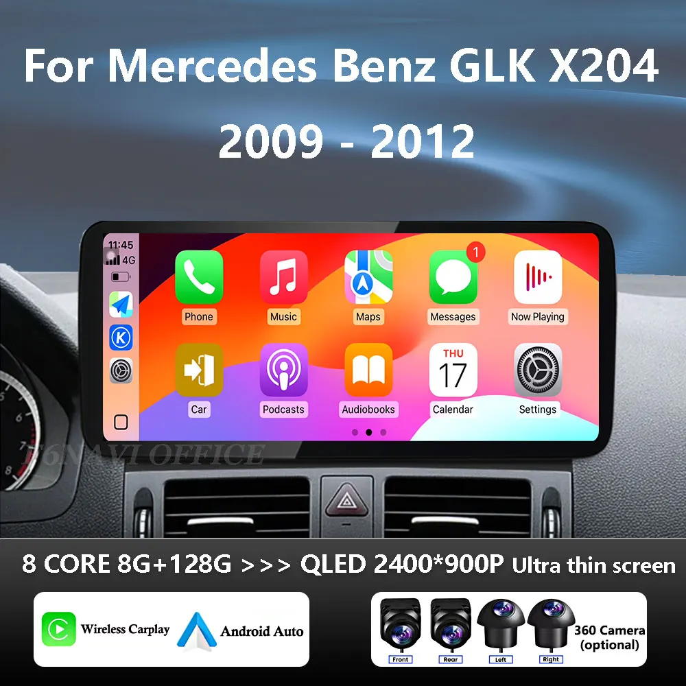 Беспроводной Carplay BT GPS Navi Ультратонкий экран 4G Android 14 Автомобильный видеомультимедийный плеер для Mercedes Benz GLK X204 2009-2012