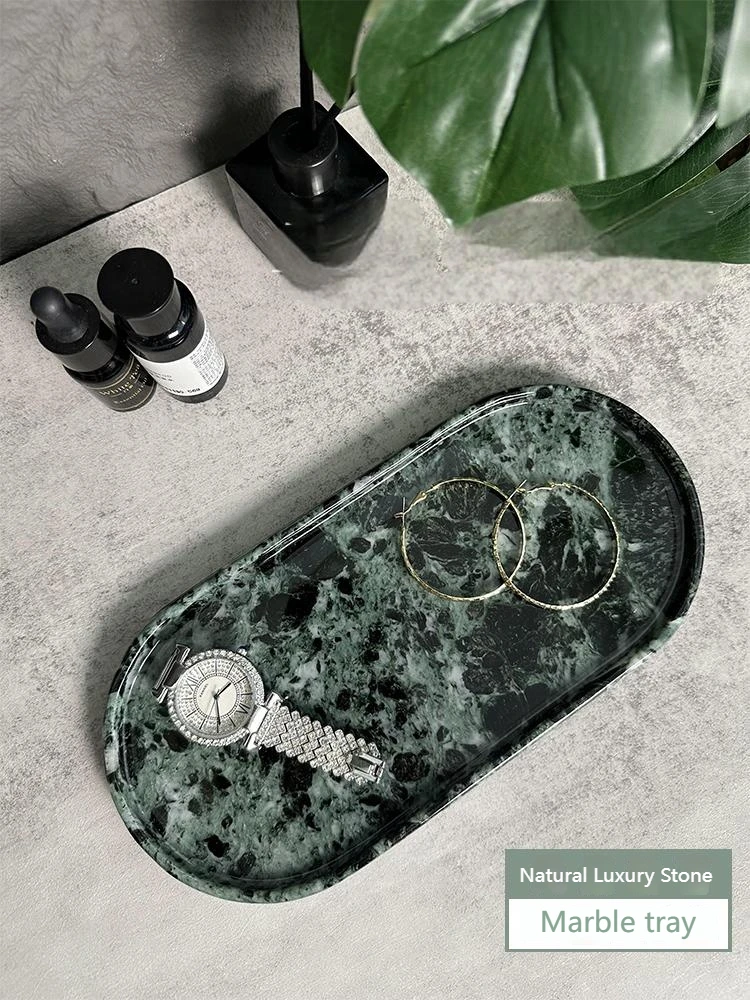 Luxury Green Marble Oval Tray: Bathroom Organizer & Fruit Serving Platter, Waterproof Stone Decor for Hotel Spa Home Kitchen