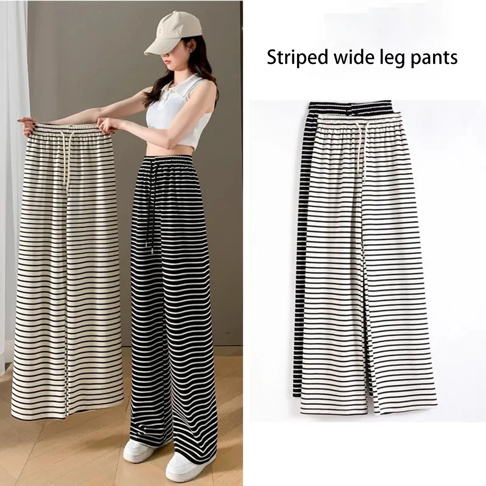 캐주얼웨어 스트리트 스타일 스트라이프 팬츠 레귤러 길이 바지 세련된 데일리웨어 바지 여성용 흰색 편안한 착용감