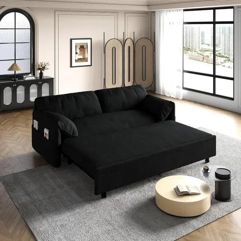 63.8" Futon Sofa Bed Queen Size, Pull Out Bed, 3-in-1 Convertible Sleeper Sofa with Side Pocket, Modern Velvet Futon Couch