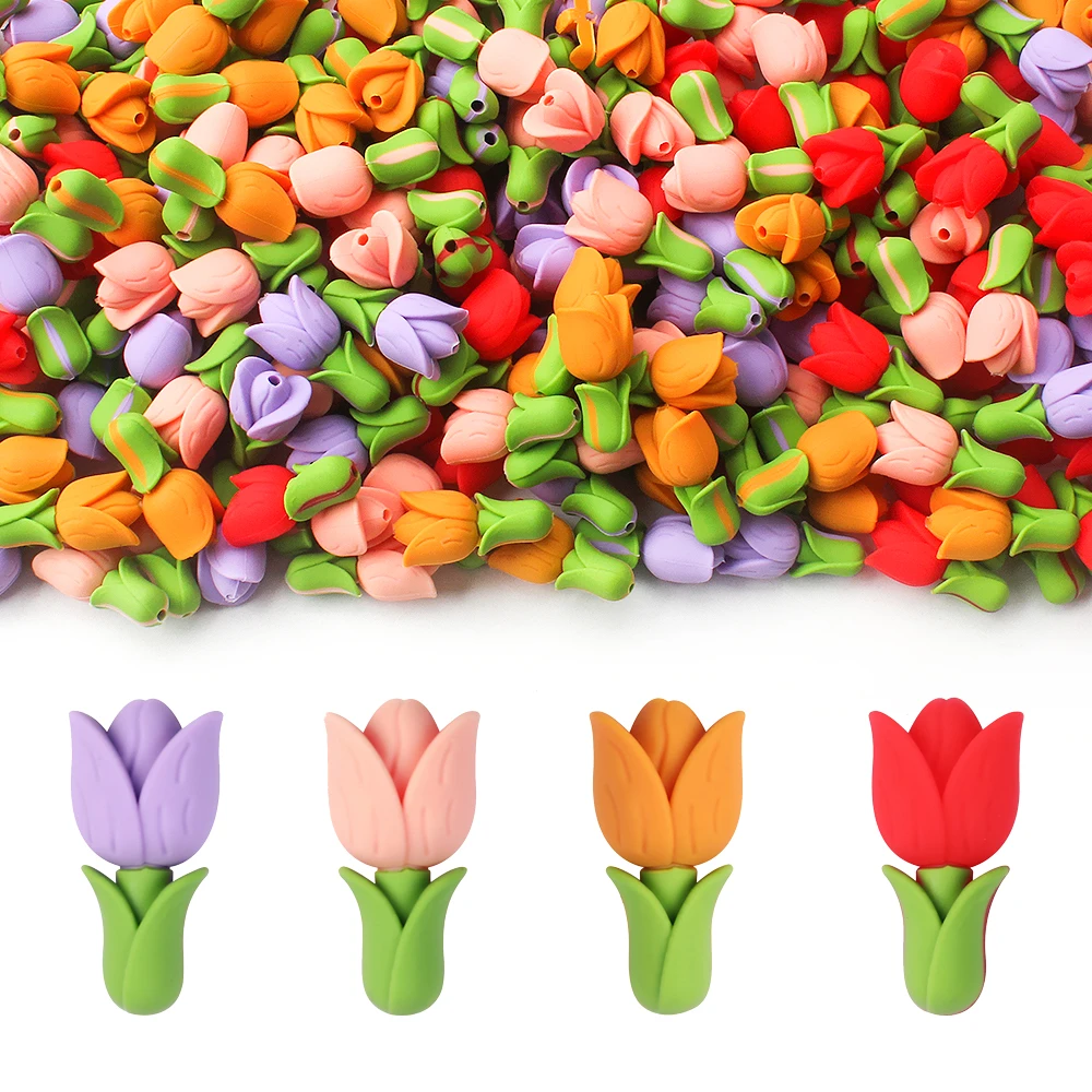 Image of 5/10/20 stücke Tulpe Blume Silikon Perlen Bunte Blume Fokal Perlen Für DIY Schmuck Lanyards Schlüsselanhänger Machen Dekorative liefert