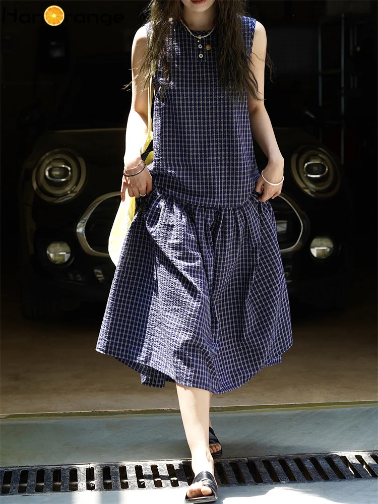 

HanOrange 2025 Summer Retro Bubble Plaid Sleeveless Dress Loose Waist A-line Midi Tank Dress Navy Blue
