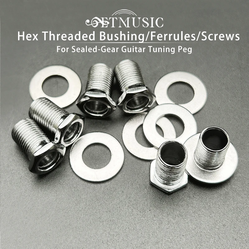 6Sets Hex Threaded Bushing & Ferrules & Mount Screws for Sealed-gear Guitar Tuning Peg Tuner Machine Heads Silver Black Gold