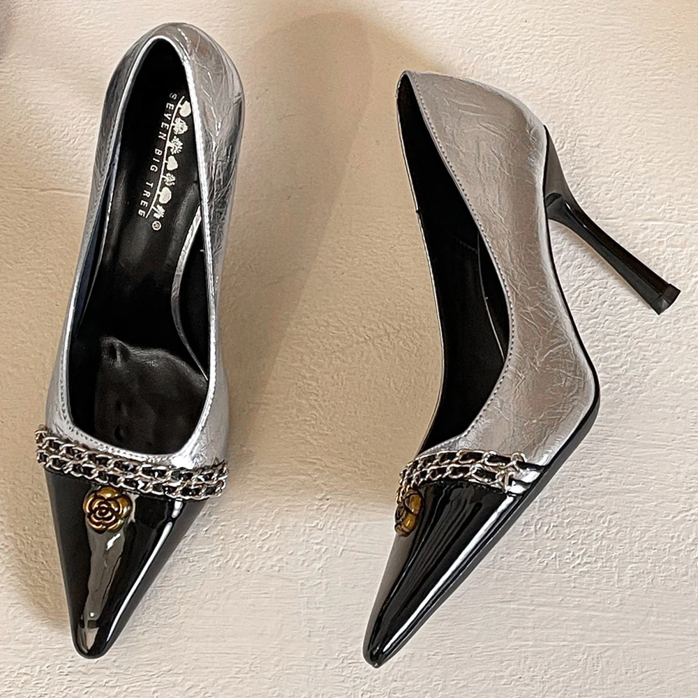 BIGTREE Shoes Women Pumps Metal Chain Design High Heels Color Blocking Ladies Shoes Luxury Banquet Shoes Stiletto Heels 10 CM