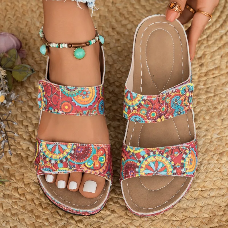 Summer New Round Toe Slope Heel Ethnic Style Women's Sandals 2026 Fashion Printed Lightweight Comfort Women Sandales Femmes Été