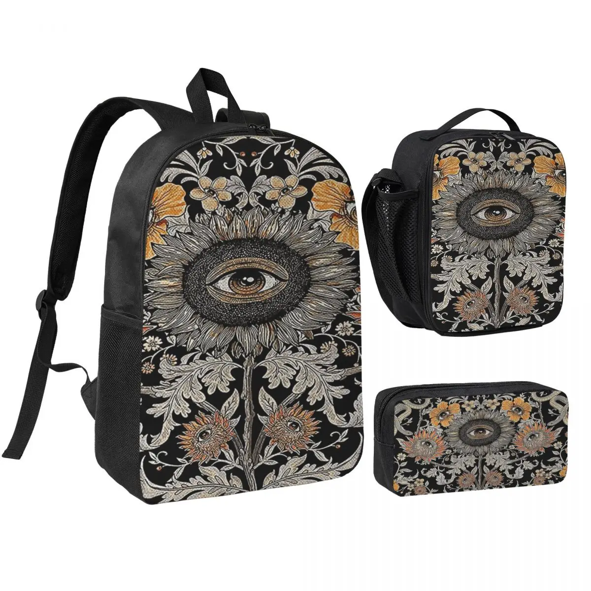 Evil Eye Sunflower Hippie Snake Design Backpack Boys Girls BookBag School Bag Shoulder Bags 3ps Insulated Lunch Bag Pencil Case
