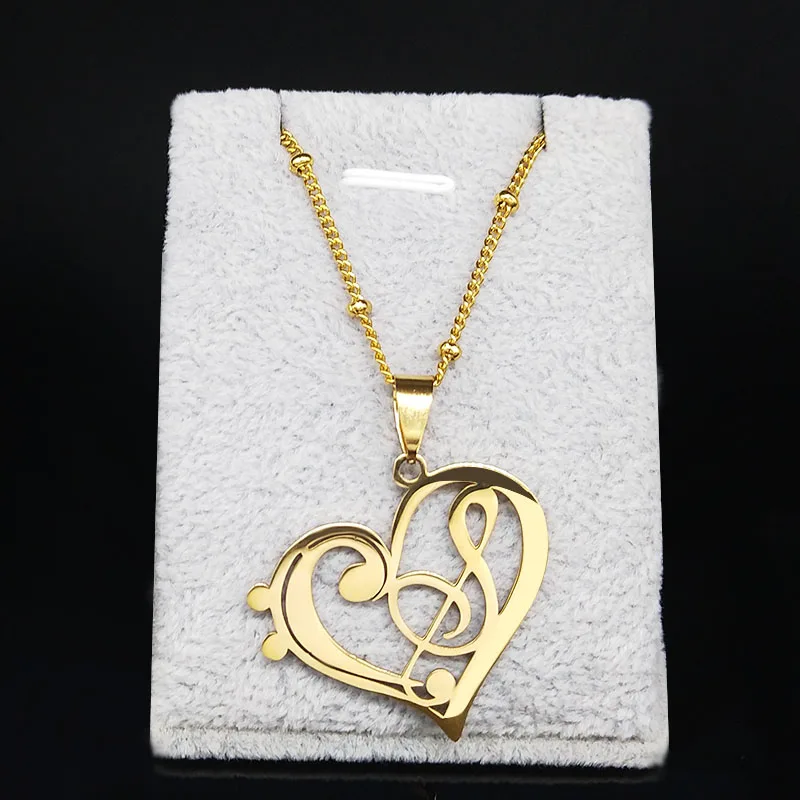 Aesthetic Music Note Heart of Treble Clef Stainless Steel Necklace for Women Men Gold Color Musical Chain Jewelry collar N1135