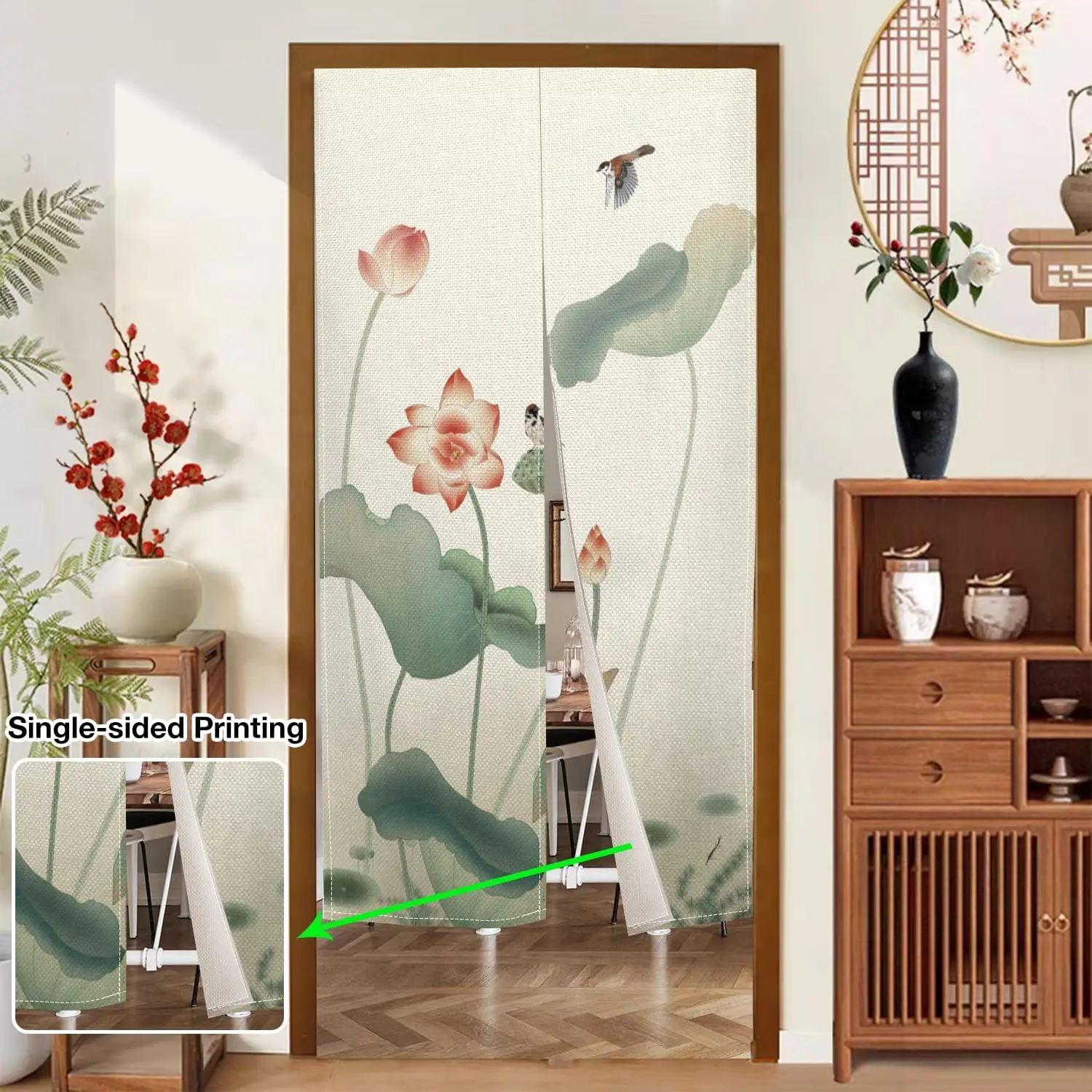 Japanese Style Lotus Bird Pattern Door Curtain, Traditional Chinese Ink Painting Print Door Curtain For Home Entrance And Living