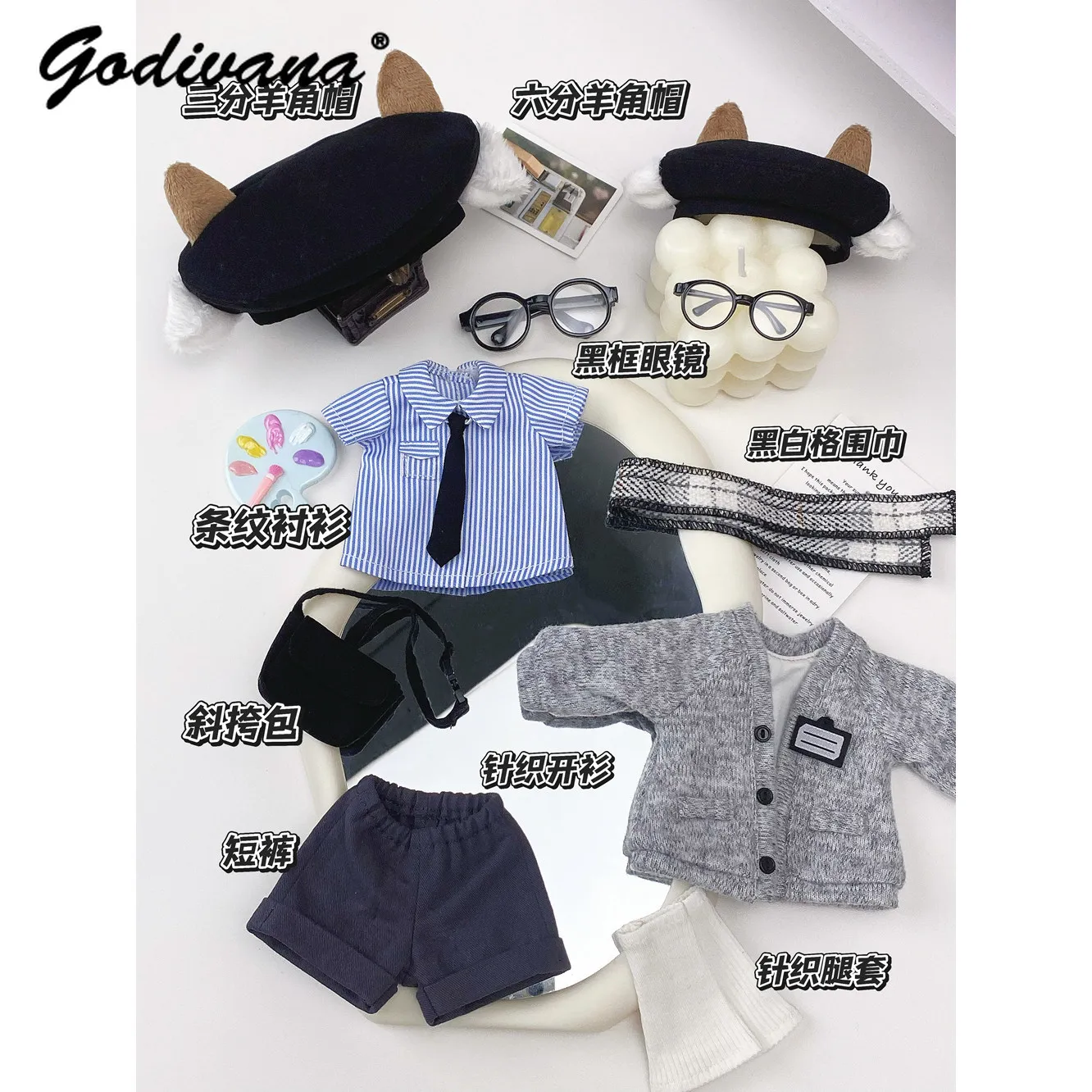 Regular 1/6 Chubby 1/6 BJD Doll Clothes Casual Preppy Knitted Cardigan and Strip Blouse Shorts Bag Scarf Full Set for 1/6 BJD