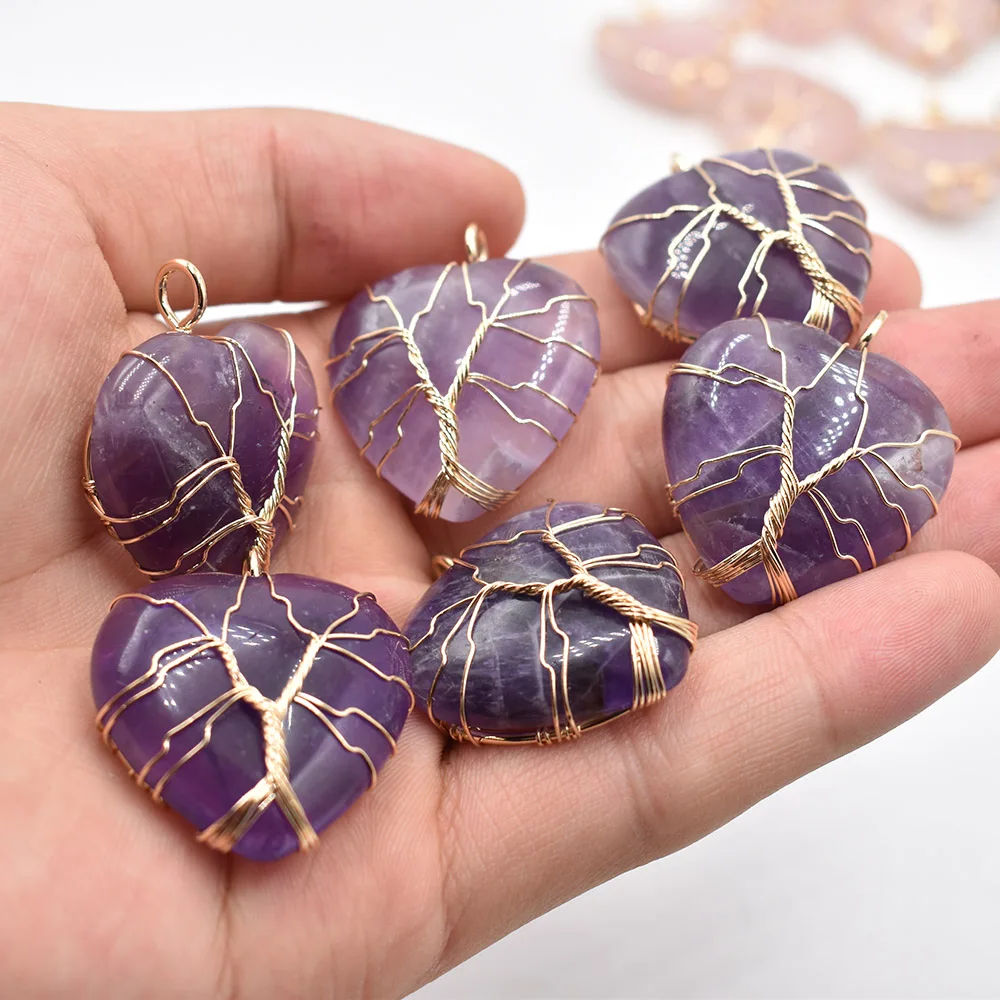 Wholesale 6pcs/lot good quality white Color Wire Wrap handmade tree of life heart shape natural stone roses quartz pendants