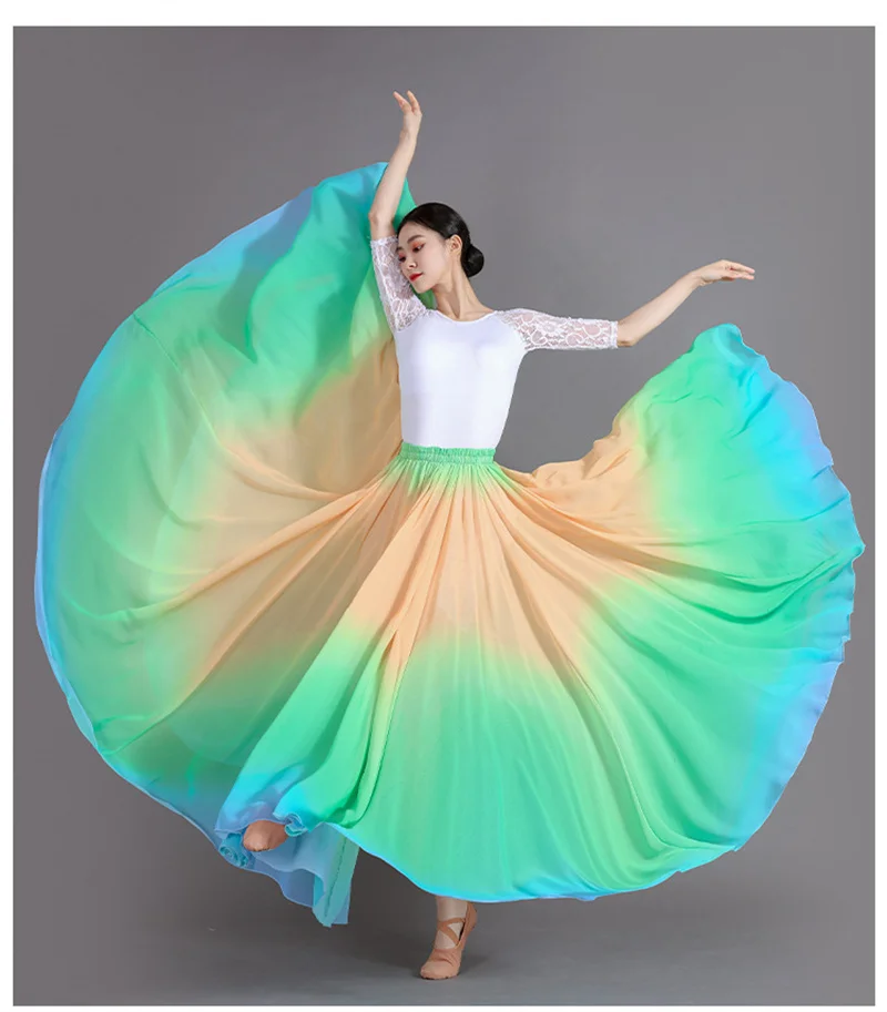 2025 Gradient Color Dance Skirt Eleganc Women's Square Dancing Perform Maxi Skirts Elastic-waist Big-hem Chiffon A-line Skirts