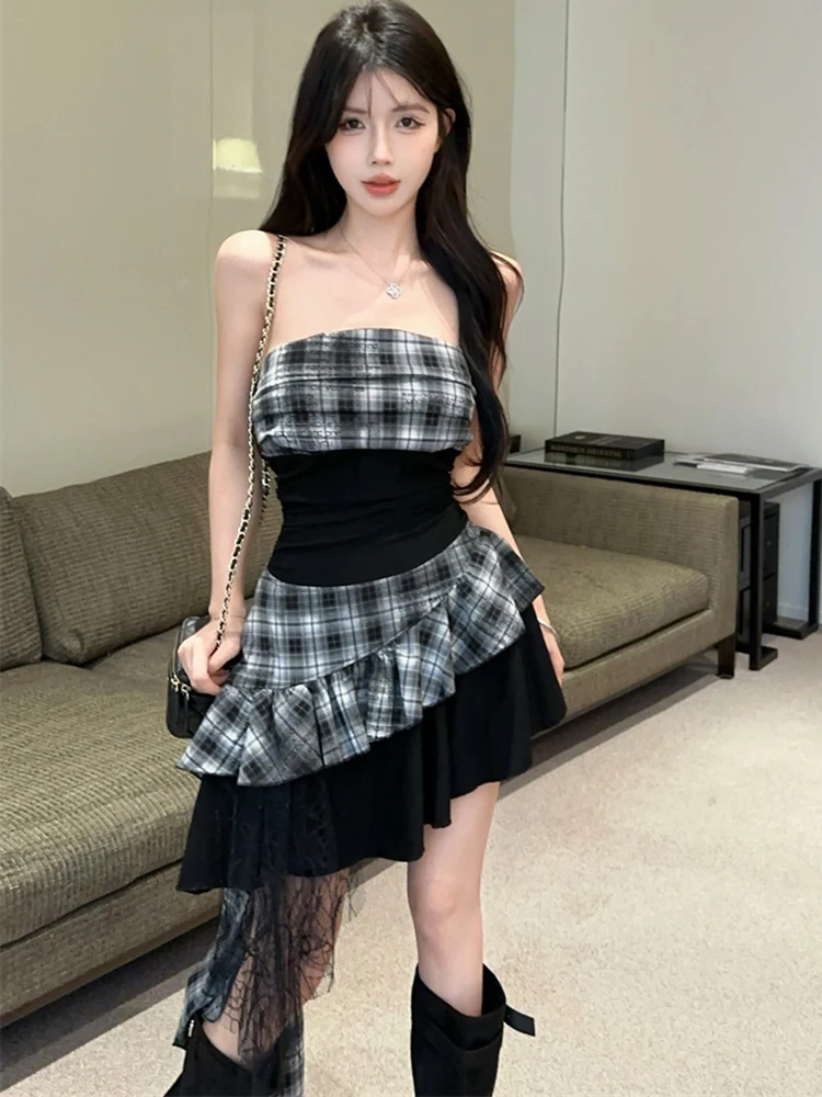 

Summer Black Patchwork Plaid Chic Chest Wrapping Sexy Midi Dress Women Elegant Ruffled Prom Clothes 2025 Korean Bodycon Vestidos
