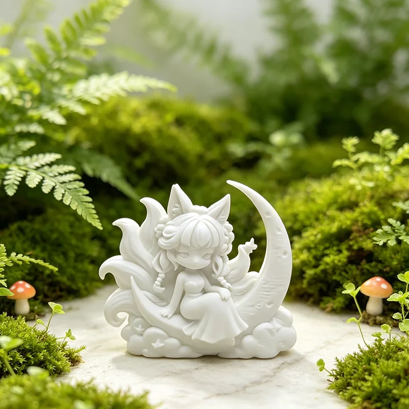 3D Printed Nine-Tailed Fox Girl Figurine Cute Kitsune Maiden on Crescent Moon Cloud Statue Mini Desktop Ornament