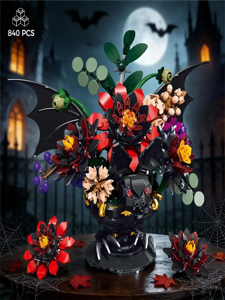Dunkle Nacht Romantische Retro-Gothic Fledermaus-Dahlien-Blumen Bausteine Einzigartiger Künstlicher Blumenstrauß Heimdekoration Blühende Blumen Halloween Weihnachtsgeschenk für Erwachsene und